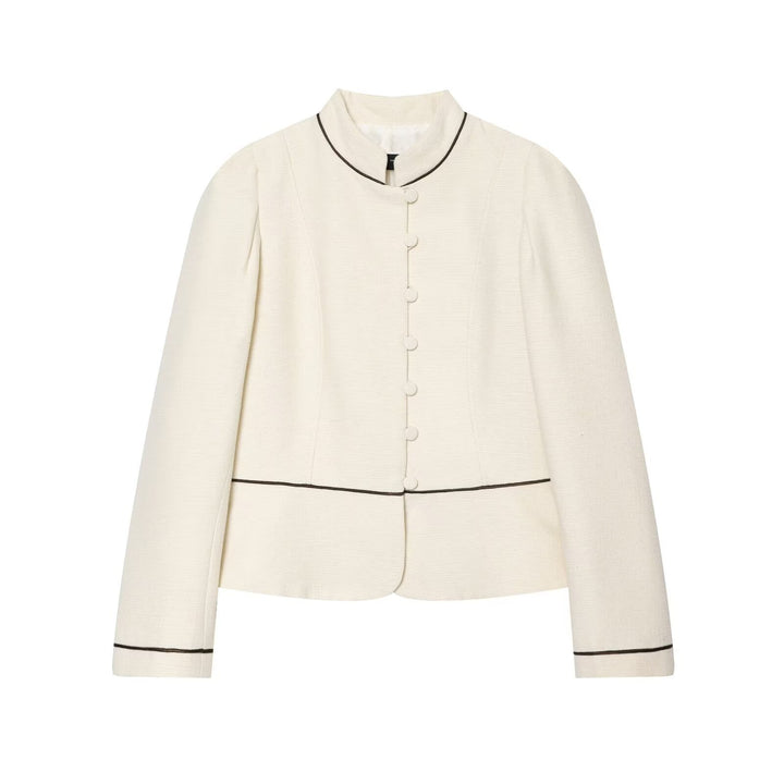Damen Kurzblazer im Bouclé‑Look mit Stehkragen, dekorativen Knöpfen und Kontrastpaspel Drune