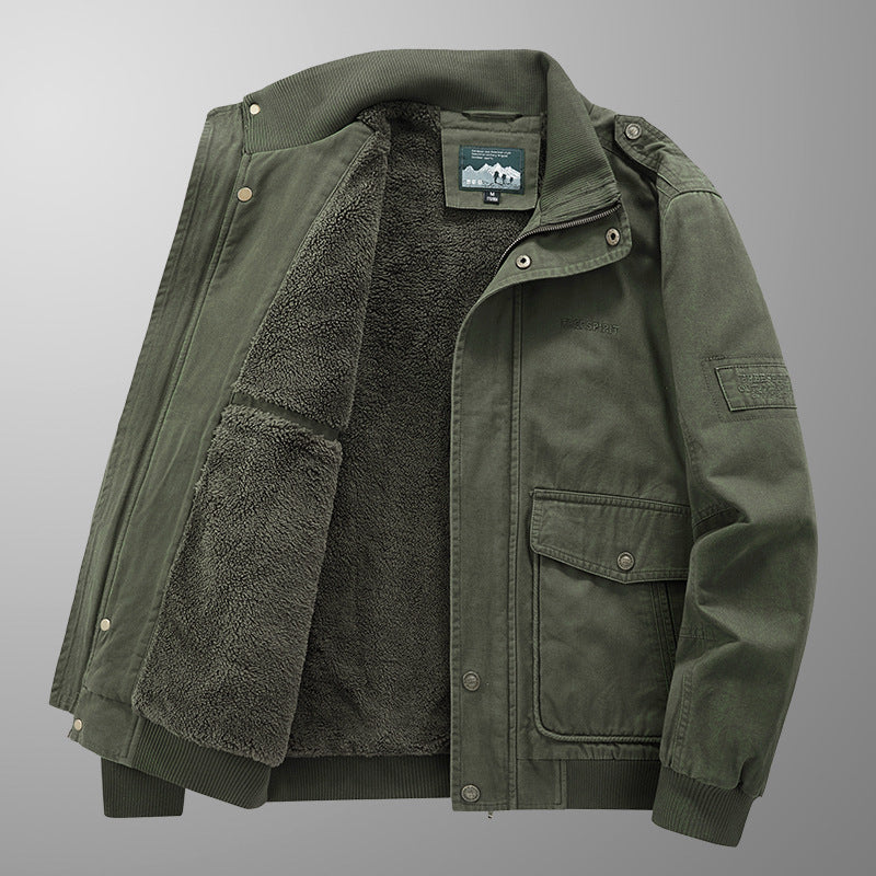 Herren Thermo-Canvasblouson mit durchgehendem Teddyfutter, Rippkragen und Utility‑Pattentaschen Drune