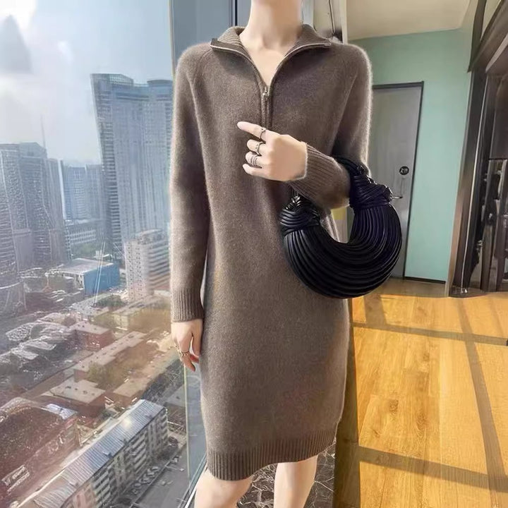 Damen elegantes Strickkleid mit hochgeschlossenem Kragen und Reißverschluss Drune