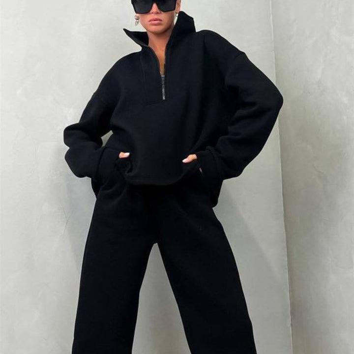Damen Oversize-Halbzip-Lounge-Set aus schwerem French-Terry mit hohem Stehkragen Drune
