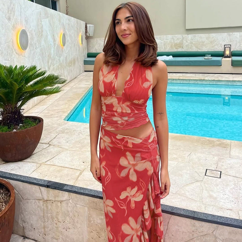 Damen Elegantes Maxikleid mit offenem Rücken und floralen Akzenten Drune