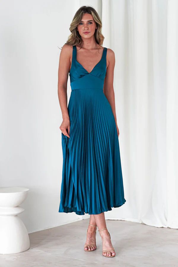 Damen Plissiertes Maxikleid mit V-Ausschnitt und schwingendem Rock Drune