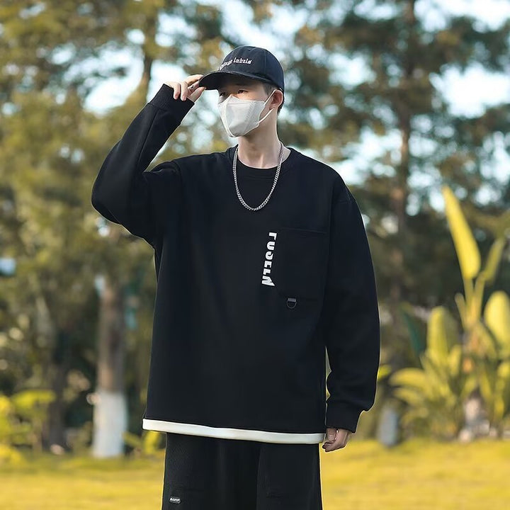 Herren Oversized Streetwear Sweatshirt mit Brusttasche und Ringdetail Drune