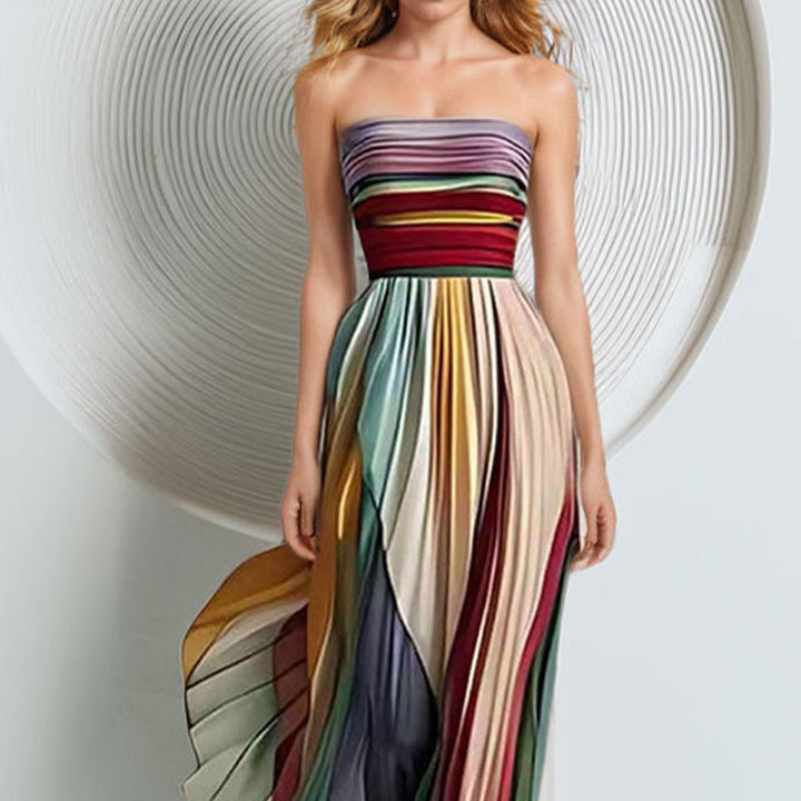 Damen Elegantes Maxikleid mit gerafftem Oberteil und farbenfrohem Streifenmuster Drune