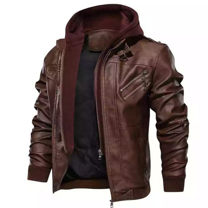 Herren Lederimitat-Kapuzenjacke im Aviator-Stil mit Reißverschluss, Pattentaschen und Ziernähten Drune