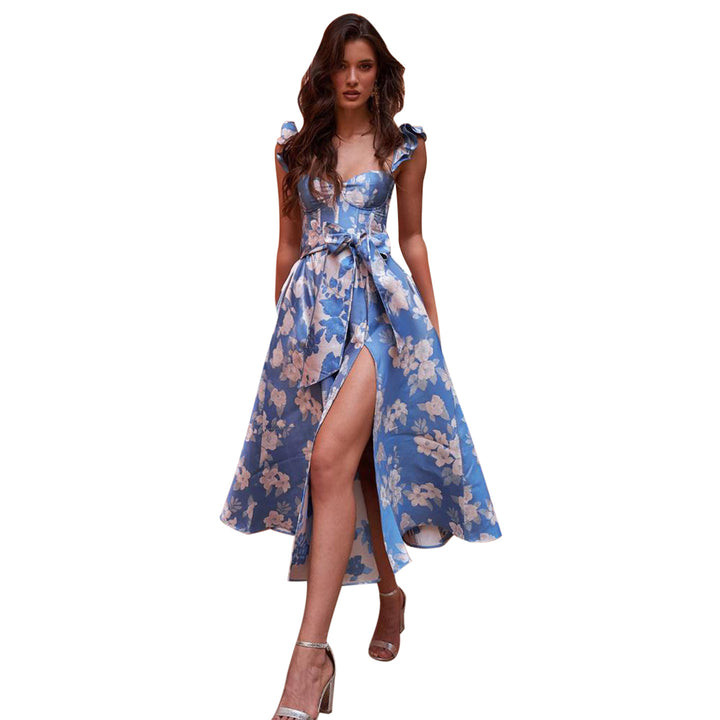 Damen Blumenkleid mit Taillengürtel und Rüschendetails Drune
