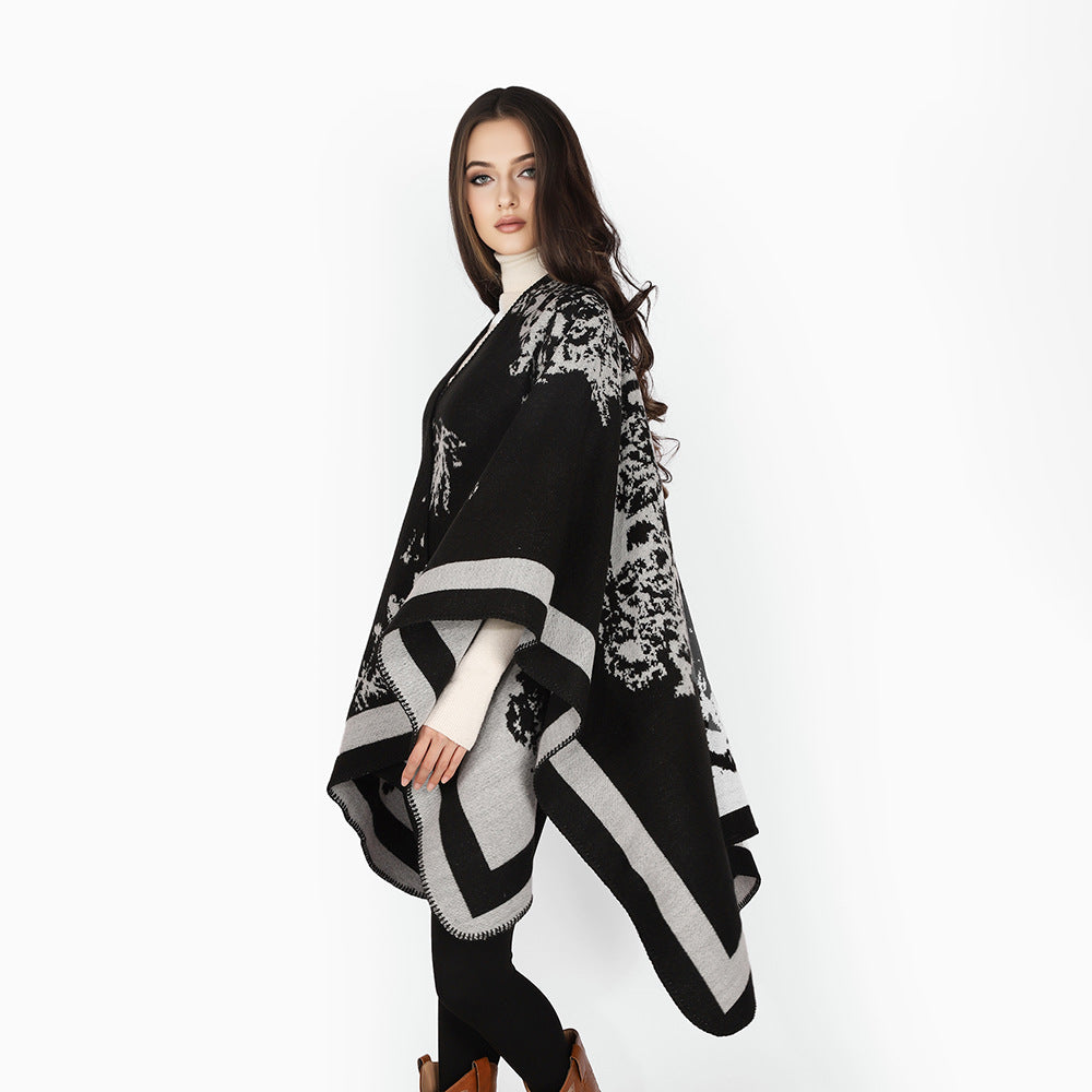 Damen Oversize-Jacquard-Cape aus Wollmix mit abstraktem Blumenmuster Drune