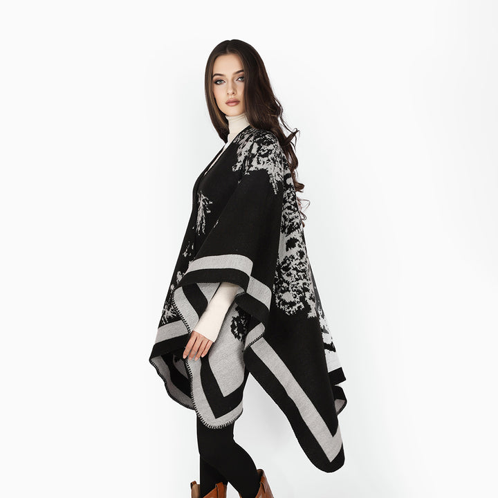 Damen Oversize-Jacquard-Cape aus Wollmix mit abstraktem Blumenmuster Drune