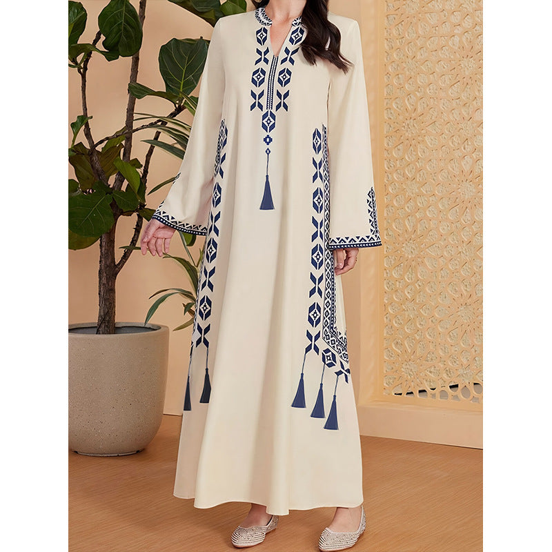 Damen Kaftan-Kleid mit kunstvollem besticktem Design und elegantem V-Ausschnitt Drune