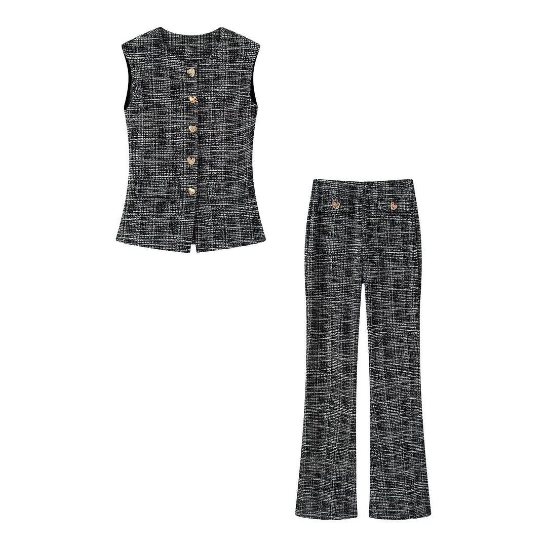Damen elegante Karohose mit schmalem Schnitt und dekorativen Knöpfen Drune
