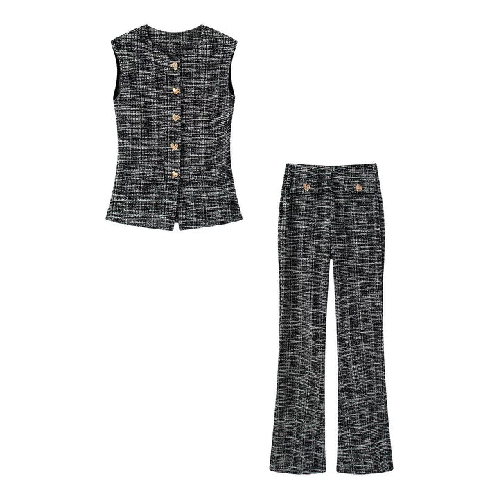 Damen elegante Karohose mit schmalem Schnitt und dekorativen Knöpfen Drune
