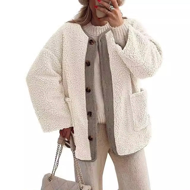 Damen kuschelige Teddyjacke mit farblich abgestimmtem Kragen Drune