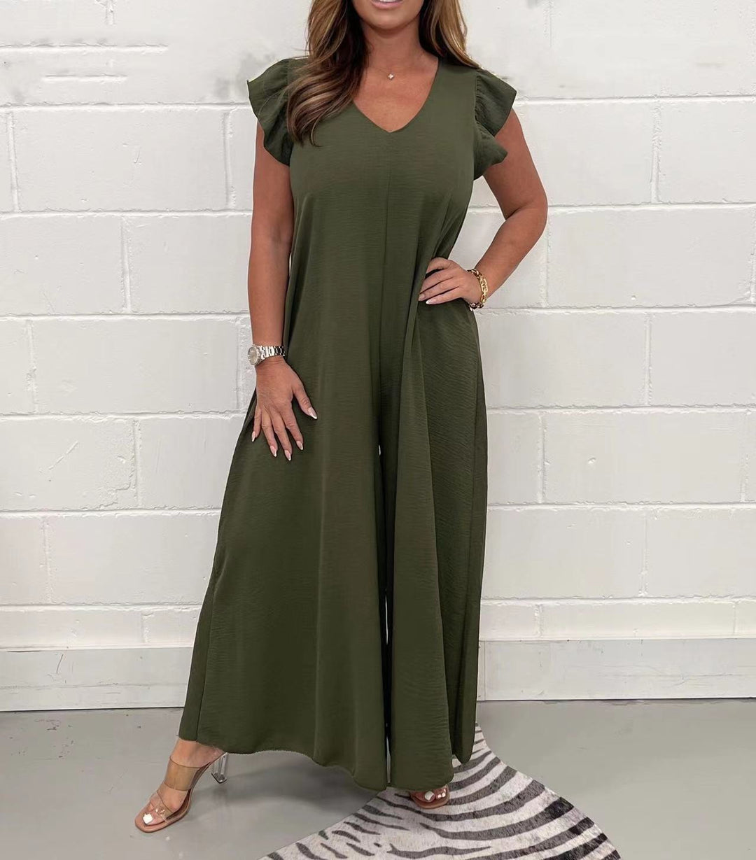Damen gehobener Jumpsuit mit voluminösen Rüschenärmeln und V-Ausschnitt Drune