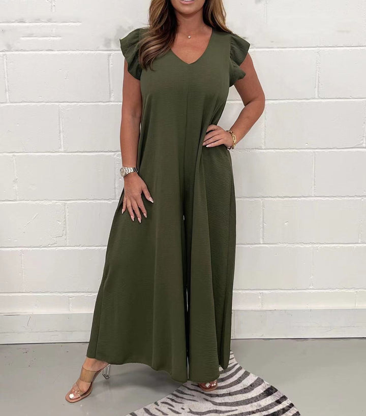 Damen gehobener Jumpsuit mit voluminösen Rüschenärmeln und V-Ausschnitt Drune