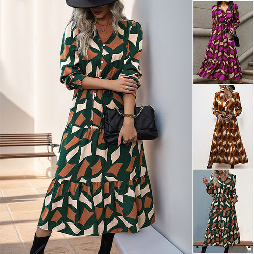 Damen Langes Stufen-Maxikleid mit grafischem Print, V-Ausschnitt, Kordelbund und gerafften Manschetten Drune