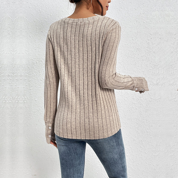 Damen Geripptes Feinstrick-Longsleeve mit V‑Ausschnitt und Spitzenpasse Drune