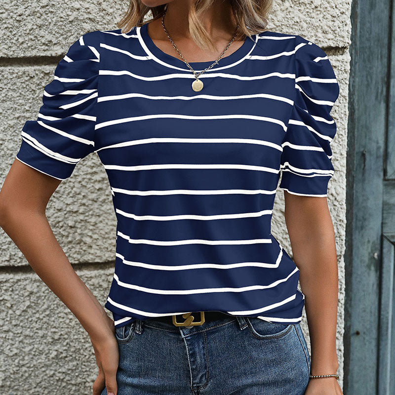 Damen T-Shirt mit dekorativen Puffärmeln und modernem Streifenmuster Drune