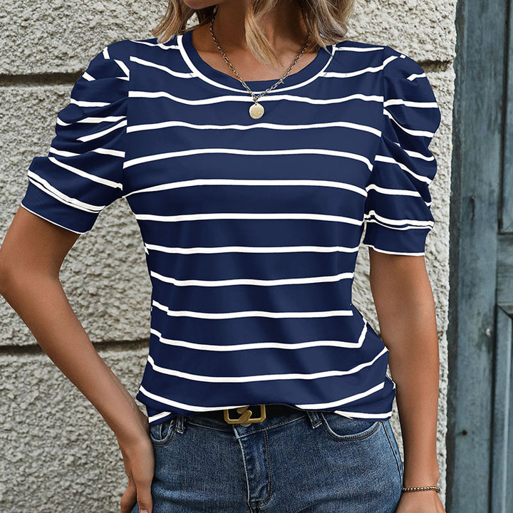 Damen T-Shirt mit dekorativen Puffärmeln und modernem Streifenmuster Drune