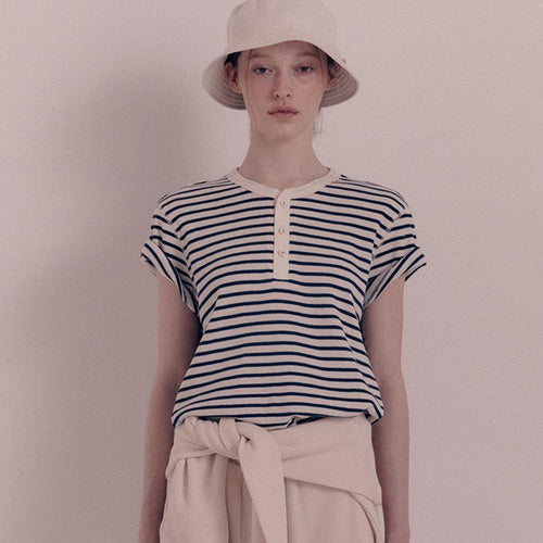 Damen modisches gestreiftes Kurzarmshirt mit Knopfleiste Drune