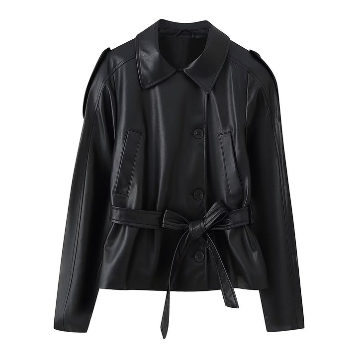 Damen Kurze Taillierte Kunstlederjacke mit Bindegürtel und Hemdkragen Drune