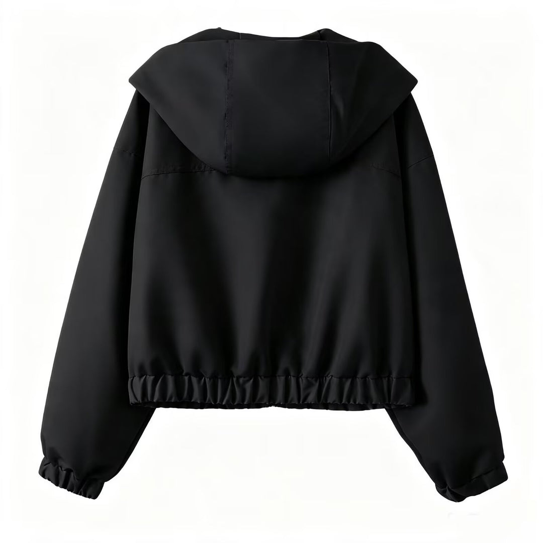 Damen Kurzer Cropped Blouson mit Kapuze, Reißverschluss und elastischem Saum Drune