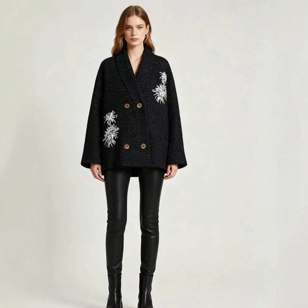 Damen Waffel-Strick-Cardigan mit doppelreihiger Knopfleiste und Schmuckapplikation Drune
