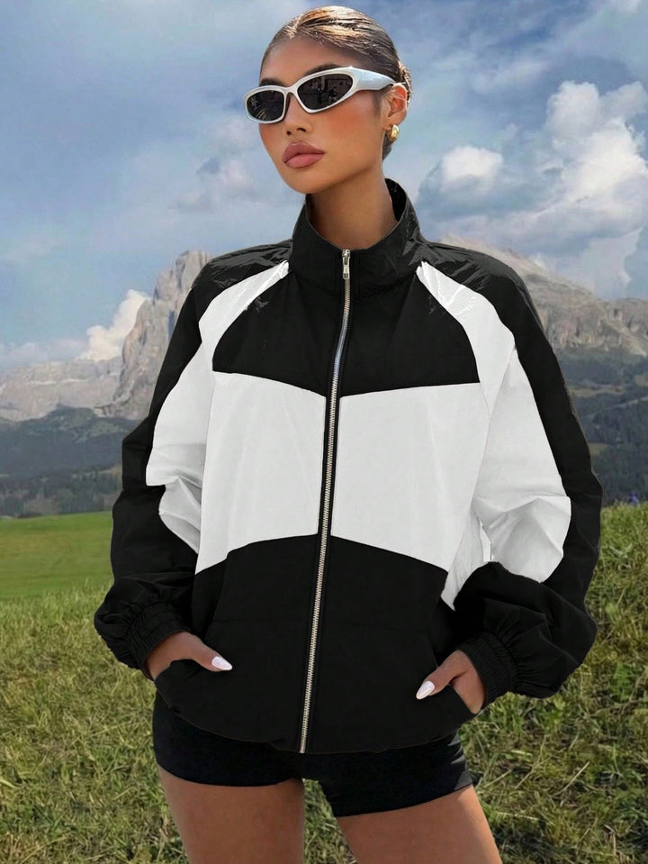 Damen Leichte Windbreaker-Jacke mit Stehkragen, Farbblock-Design und elastischen Bündchen Drune