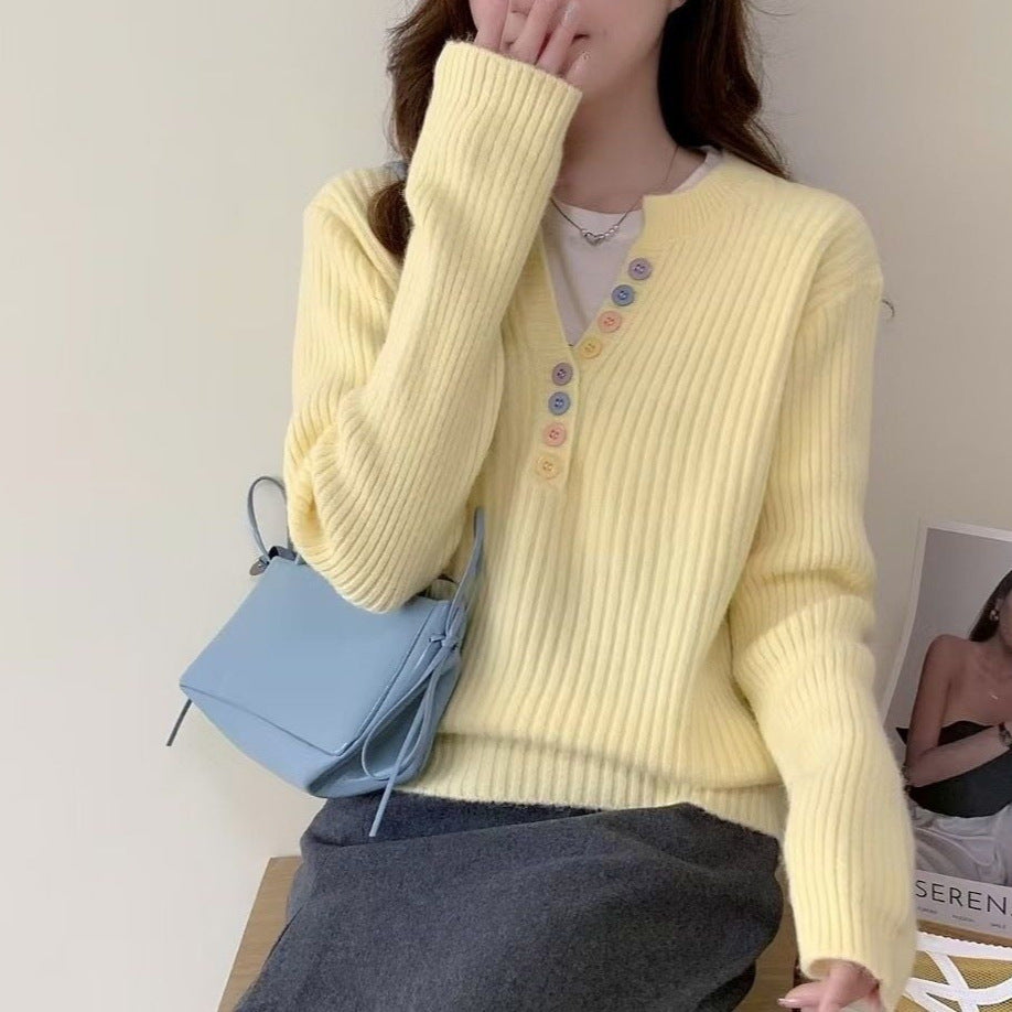 Damen Kuschel-Pullover mit Knopfleiste und Rundhalsausschnitt Drune