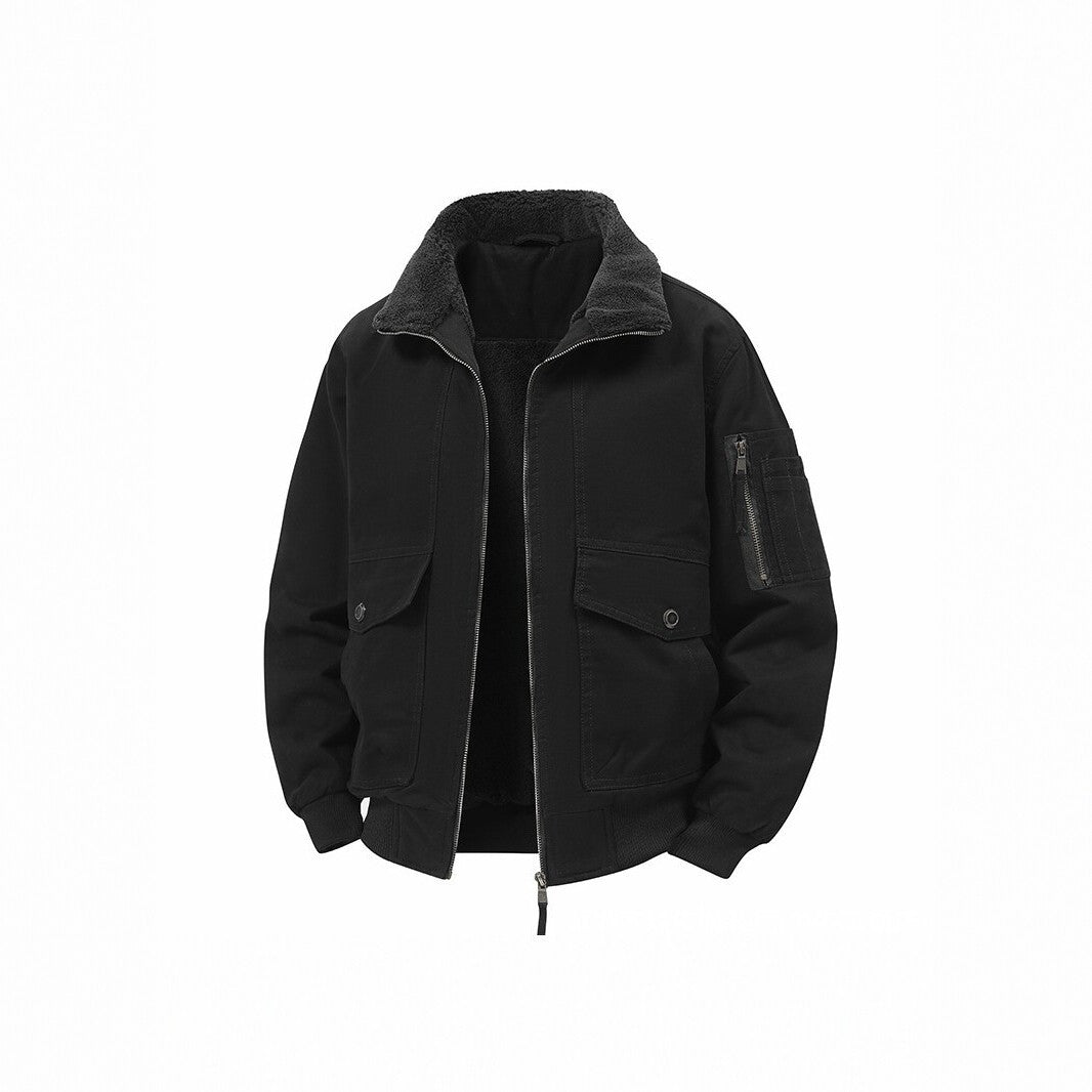 Herren Militärisch inspirierte Thermo-Bomberjacke mit Teddy‑Futter, Ärmeltasche und Druckknopf‑Klappentaschen Drune