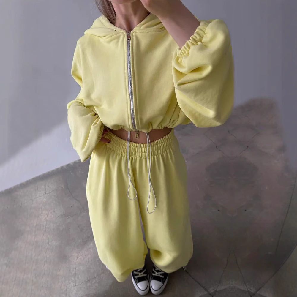 Damen Loungewear-Set Drune mit tailliertem Kordelzug-Cropped-Hoodie und weiter High‑Waist Palazzo-Jogginghose