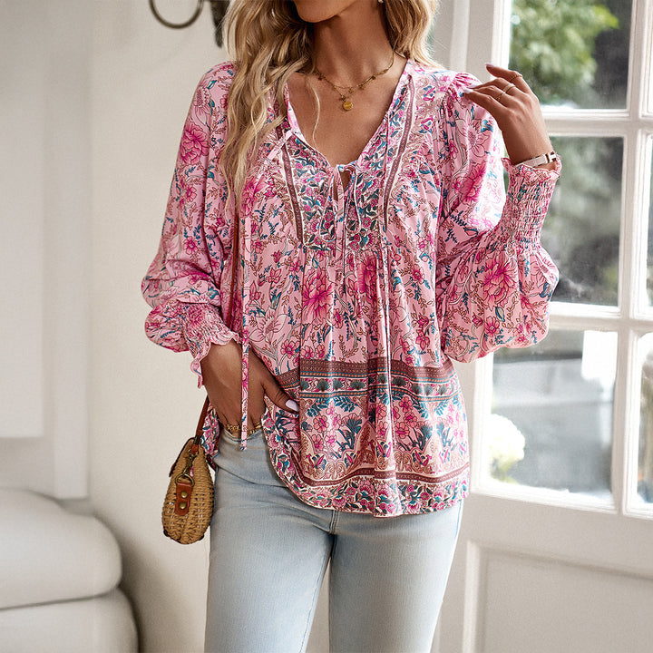 Damen nan lockere Boho-Tunika mit V-Ausschnitt Bindeband gerafften Ärmeln und floralem Muster Drune