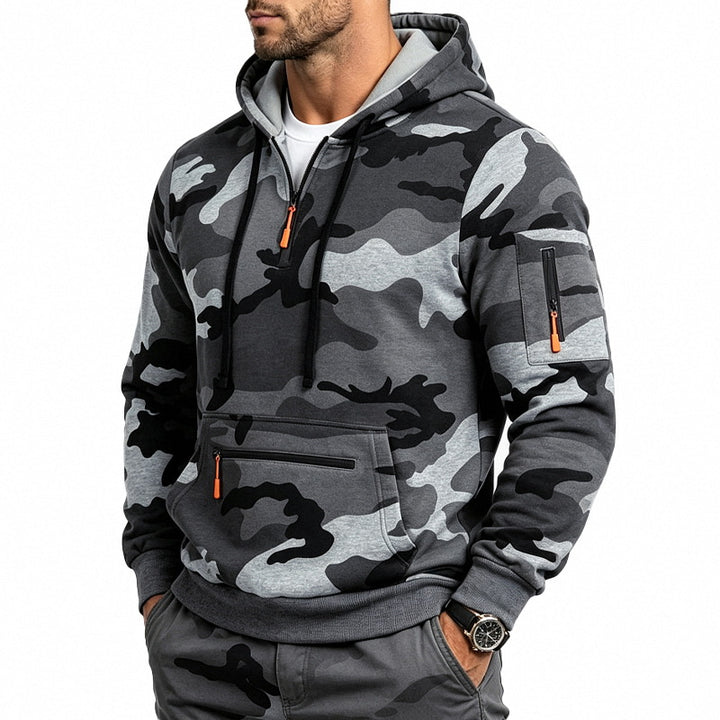 Herren Kapuzenpullover mit Tarnmuster, Reißverschlusstaschen und Kängurutasche Drune