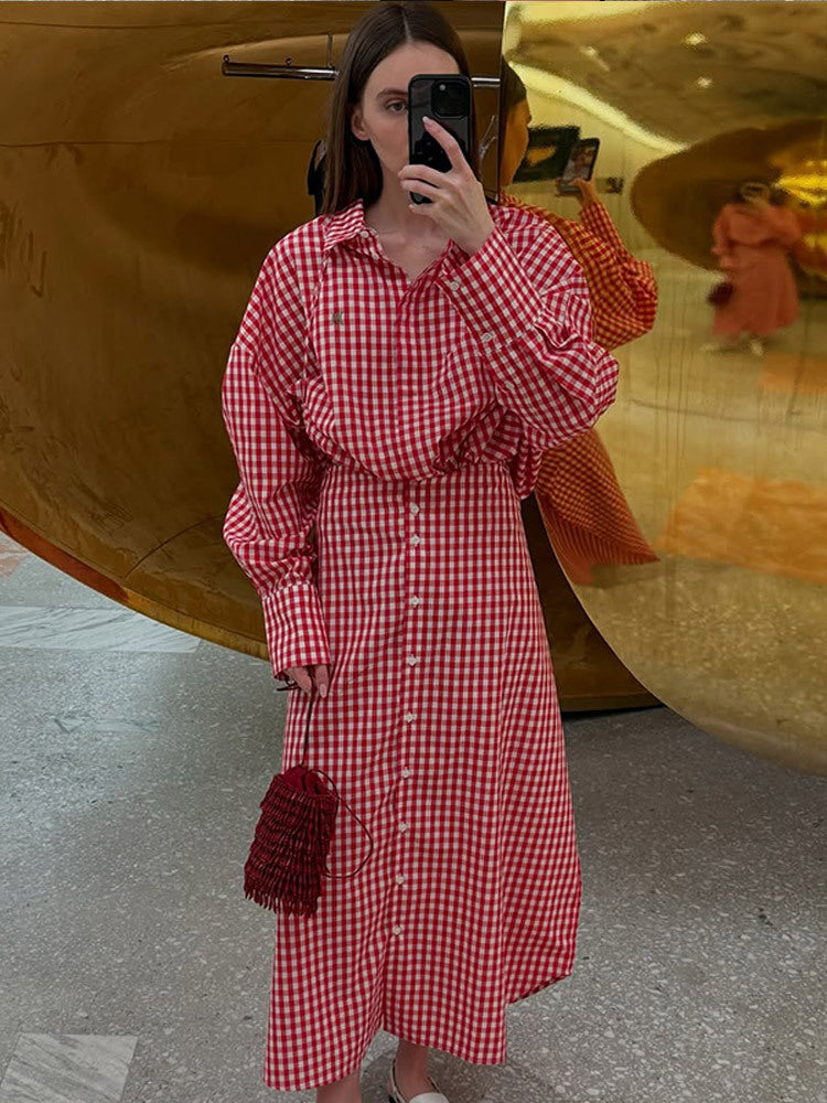 Damen Karo-Maxikleid mit durchgehender Knopfleiste, taillierter Schärpe und verlängerten Manschetten Drune