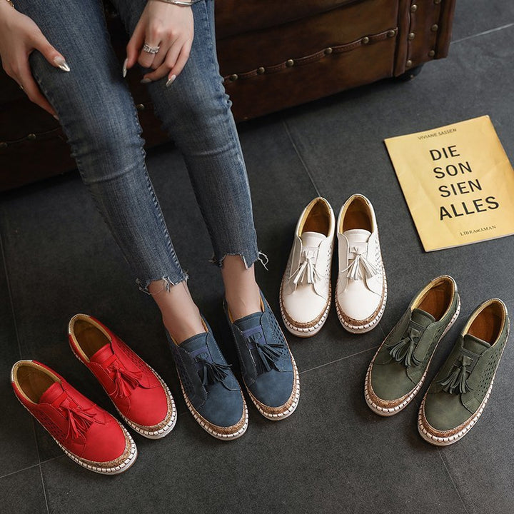 Damen nan perforierter Slip-On Sneaker mit Quasten, Kork-Plateau und dekorativer Handnaht Drune