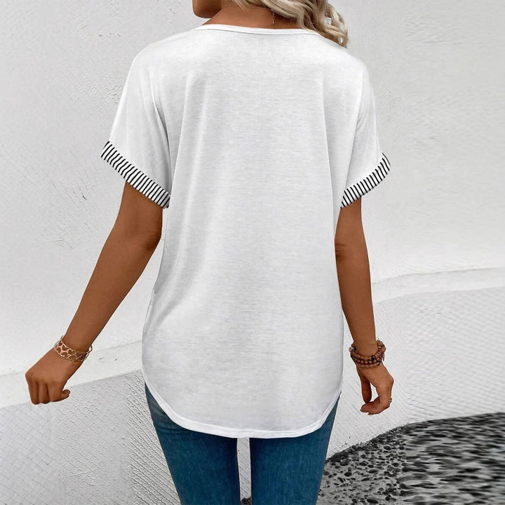 Damen nan lässiges Kurzarmshirt mit tiefem V-Ausschnitt, gestreifter Paspelierung und weiter Passform Drune