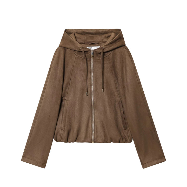 Damen nan cropped Kapuzenjacke aus Veloursimitat mit verdeckter Reißverschlussblende und Tunnelzugsaum Drune
