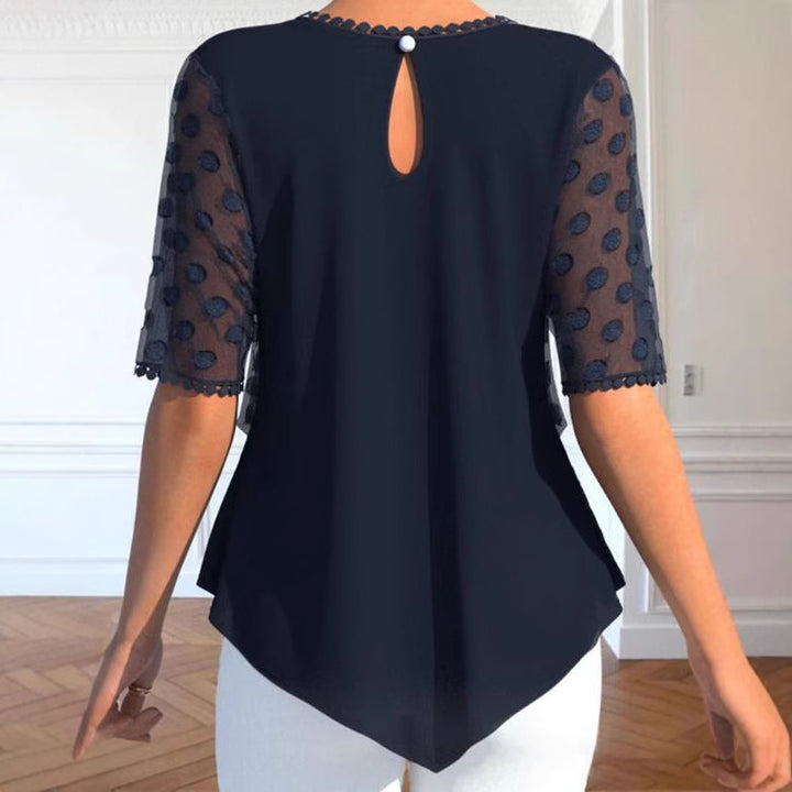 Damen nan Tüllbluse mit bestickten Punkten, halbtransparenten Ärmeln und asymmetrischem Stufensaum Drune