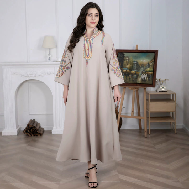 Damen Besticktes Maxikleid im Kaftan-Stil mit Stehkragen und Glockenärmeln Drune