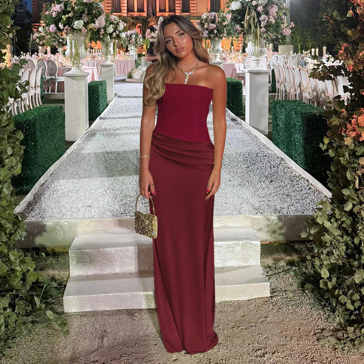 Damen Elegantes Cocktail-Maxi-Kleid mit schulterfreiem Design und sanfter Raffung Drune
