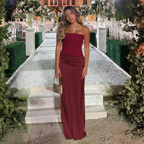 Damen Elegantes Cocktail-Maxi-Kleid mit schulterfreiem Design und sanfter Raffung Drune