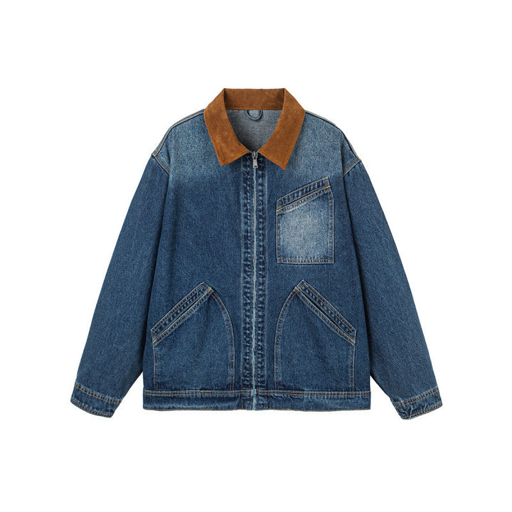 Herren Boxy-Denimjacke im Worker-Stil mit Cordkragen und Frontreißverschluss Drune