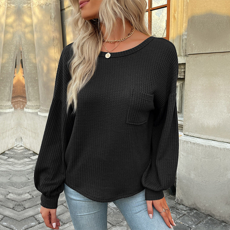 Damen Waffelstrick-Langarmshirt mit Oversize-Brusttasche und Ballonärmeln Drune