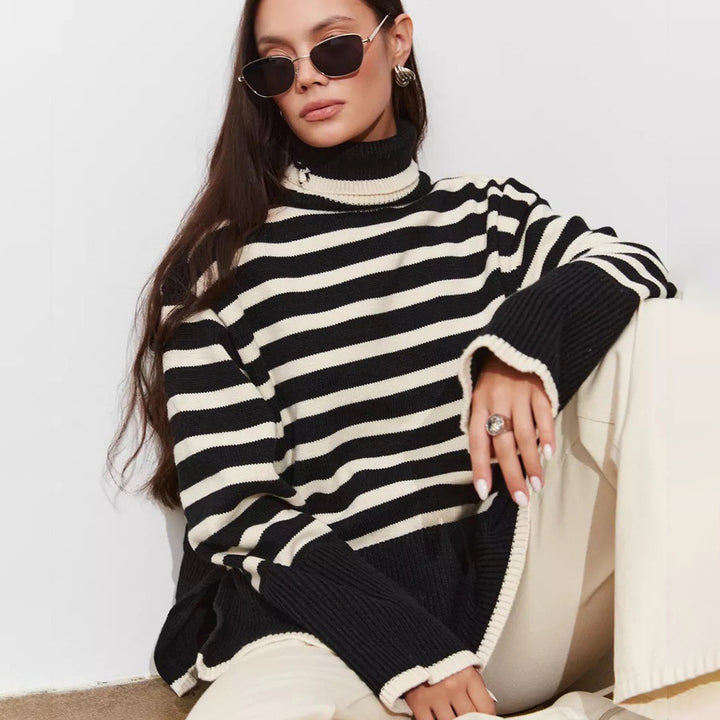 Damen Grob gestrickter Pullover mit hohem Kragen und Breton-Streifen Drune