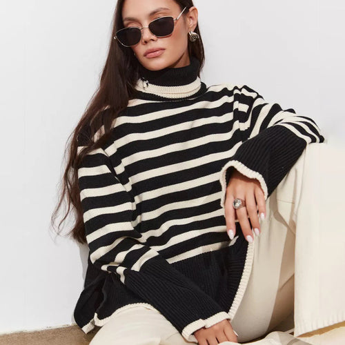 Damen Grob gestrickter Pullover mit hohem Kragen und Breton-Streifen Drune