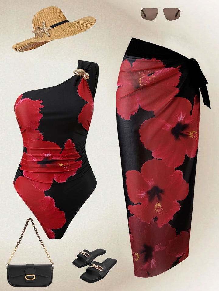 Damen Eleganter Einteiler mit asymmetrischem Schnitt und floralem Design Drune