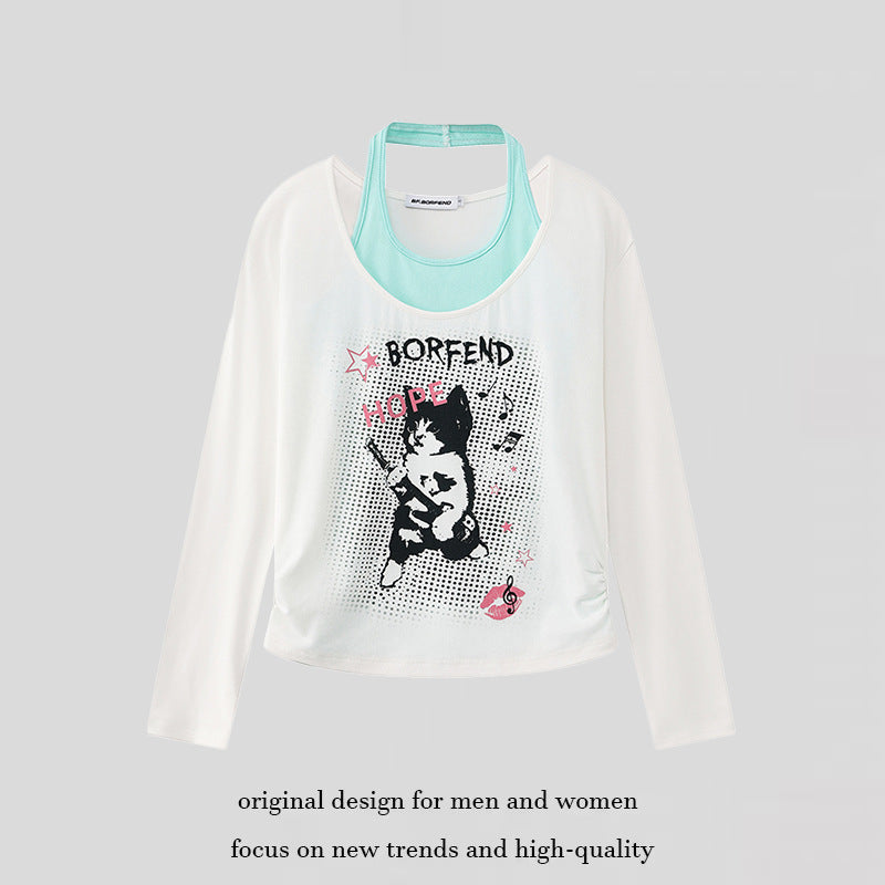 Damen Lagen-Langarmshirt mit Racerback-Innenlayer und Cartoon-Katzenprint Drune