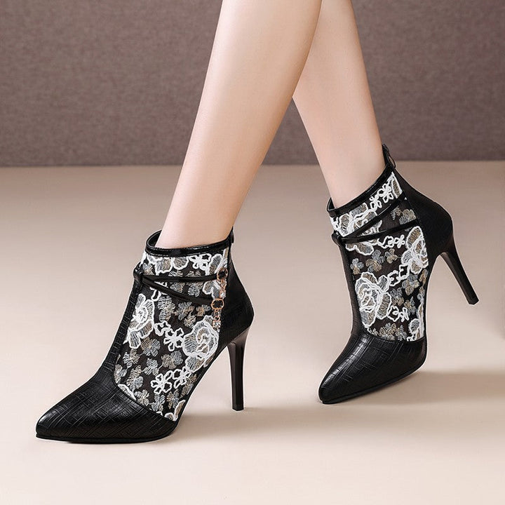 Damen Elegante High Heel Stiefeletten mit transparentem Spitzendesign Drune