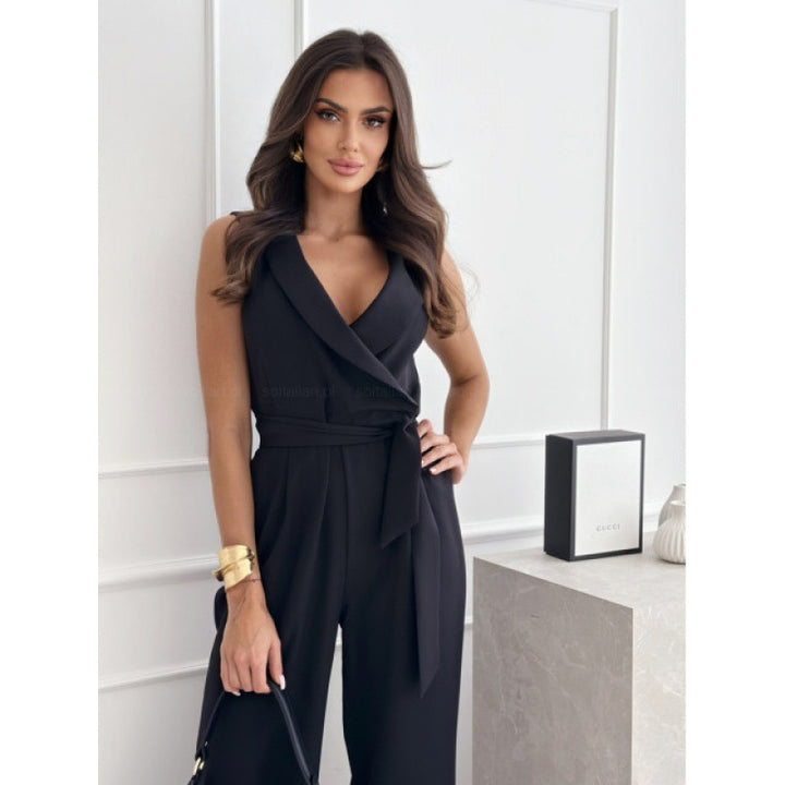 Damen eleganter Jumpsuit mit Wickeloptik und Taillengürtel Drune