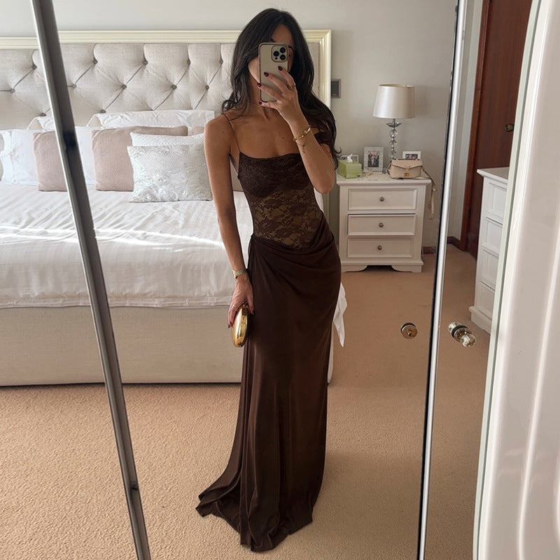 Damen Off-Shoulder Abendkleid mit raffinierten Spitzen-Applikationen und fließendem Material Drune