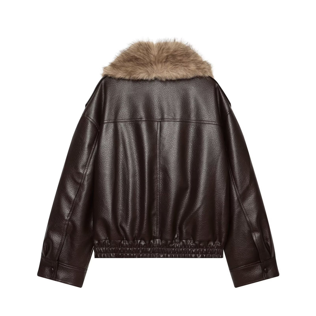 Damen Kurz geschnittene Biker-Lederjacke mit voluminösem Kunstpelz-Schalkragen Drune